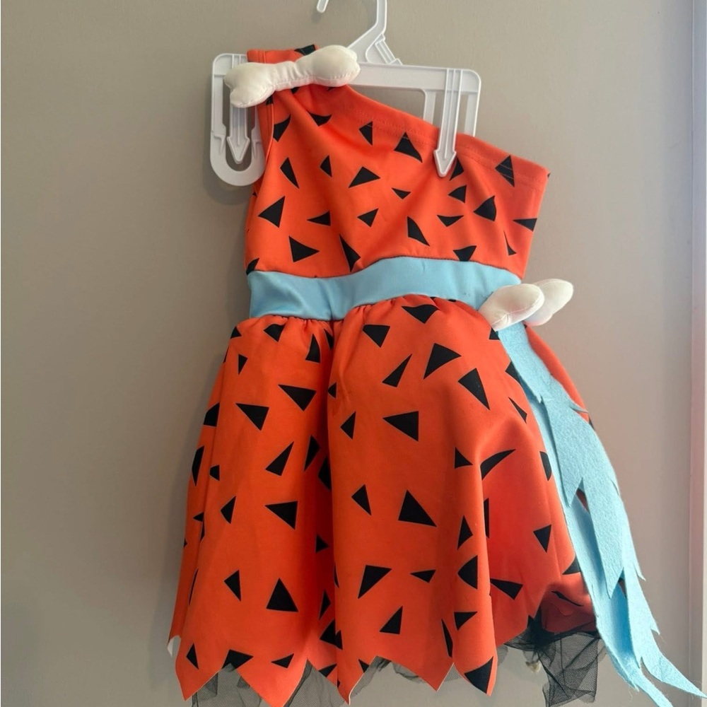 Orange and Black Kids Costume Dress with Blue Sash - pebbles- flinstones